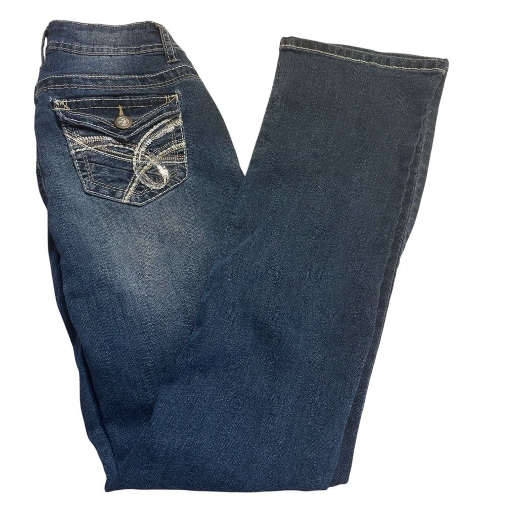 No Boundaries Jeans Size 5 Jrs Dark Blue Boot Cut Mineral Wash Sequined Pockets - Picture 5 of 12